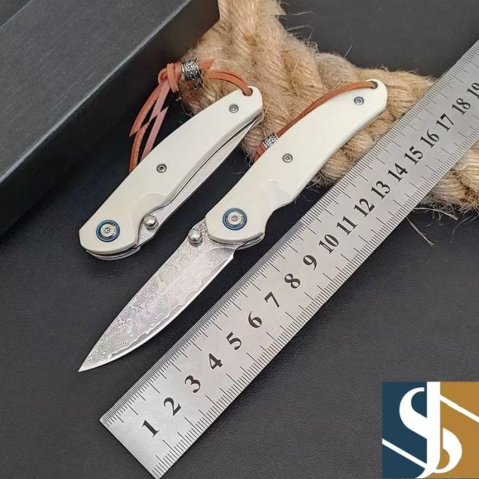 Cyllell blygu llafn Damascus